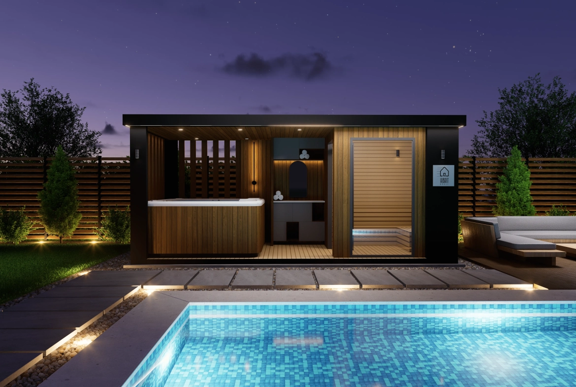Gece ışıklandırmasıyla öne çıkan sauna, spa ve havuz alanı.