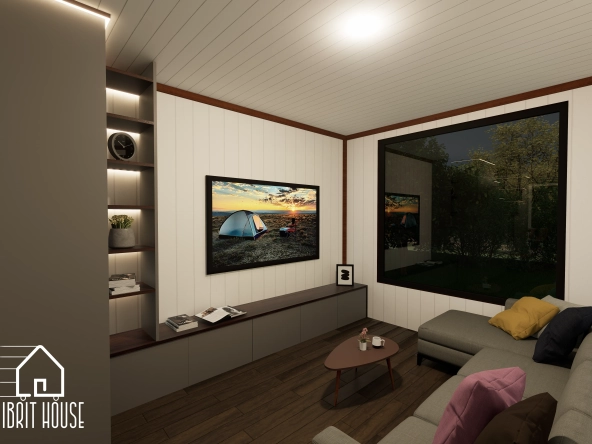 Tiny House oturma alanı fonksiyonel dolap yerleşimi