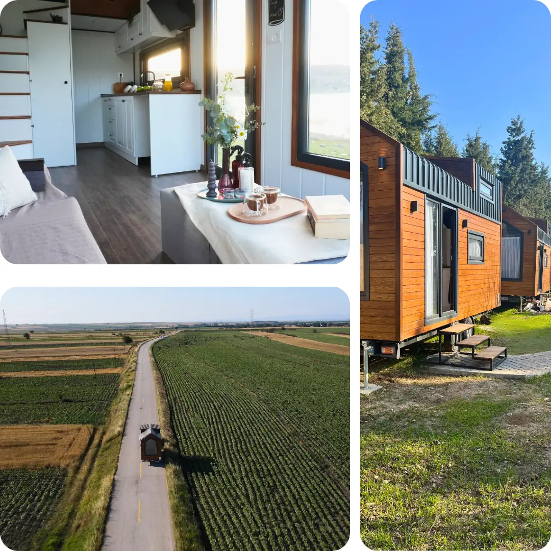 Modern tiny house iç ve dış mekan görselleri – ferah mutfak ve oturma alanı, ahşap dış cephe, taşınabilir evin doğa içindeki yolculuğu – Hibrit House