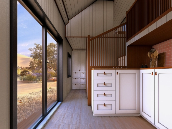 Aurora 8M mutfak alanı ve loft merdiveni