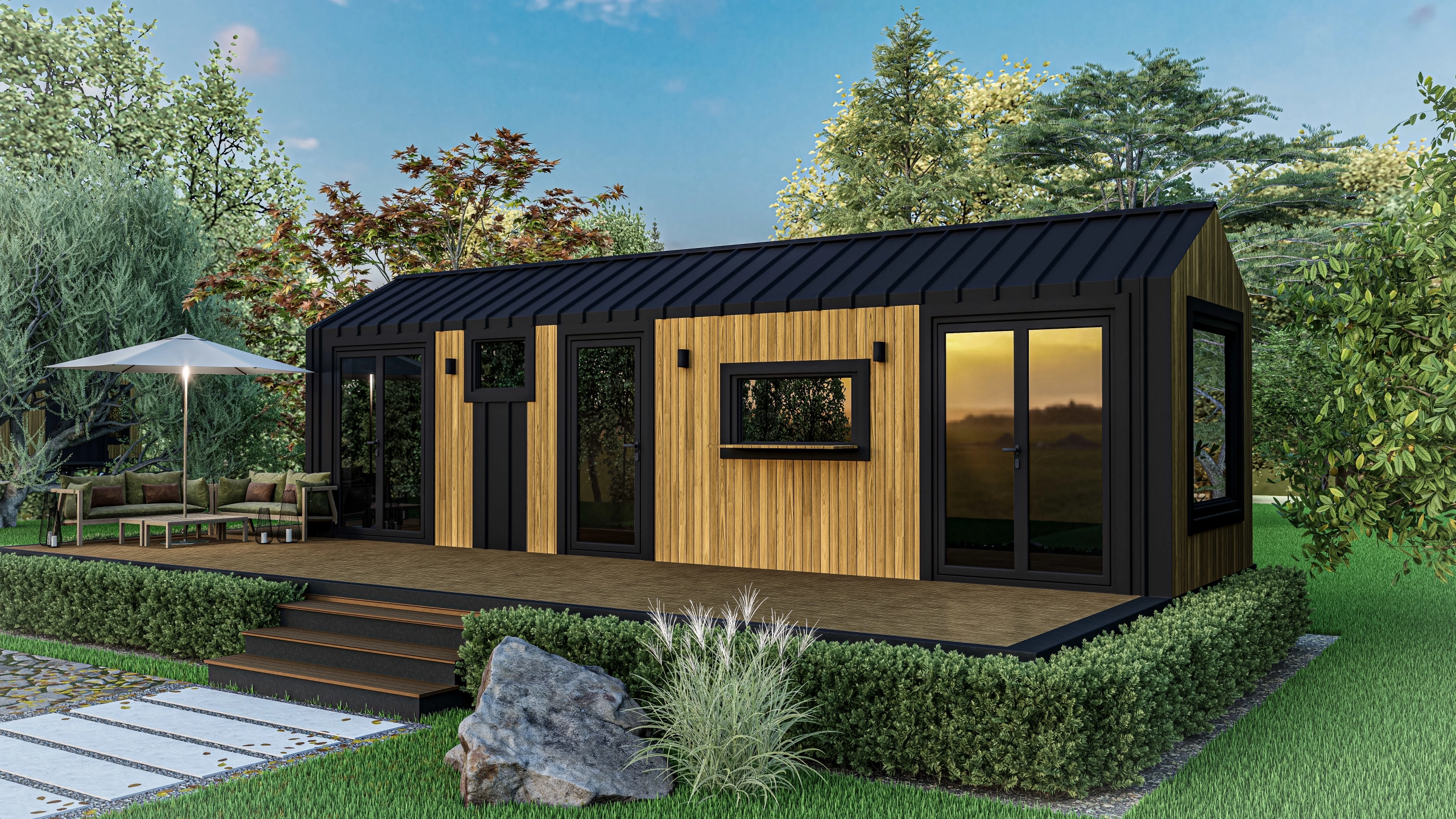Coorie 9 metre tek katlı modern tiny house – siyah çelik çatılı, ahşap cephe kaplamalı geniş teraslı mobil ev