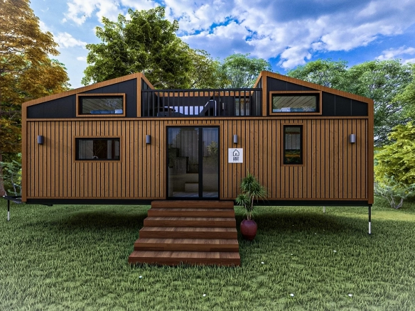 9 m uzunluğunda, çift loftlu ve 2+1 planlı Harmony Tiny House’un modern ön