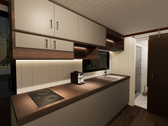 Harmony 9M çift loftlu Tiny House – ahşap detaylı mutfak