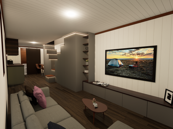 Harmony 9M çift loftlu Tiny House – modern salon ve TV ünitesi