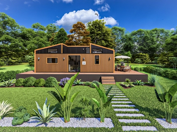 Harmony 9 metre 2+1 tekerleksiz genişleyebilir modüler tiny house – ferah bahçeli modern yaşam alanı, doğal ahşap cepheli taşınabilir ev.