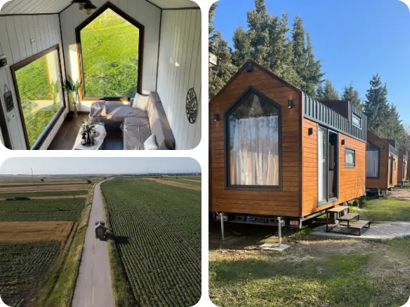 Modern tiny house dış cephe ve iç mekan görüntüsü – geniş pencereli ferah salon, ahşap kaplama cephe ve doğa içinde konumlandırılmış tekerlekli tiny house modeli.