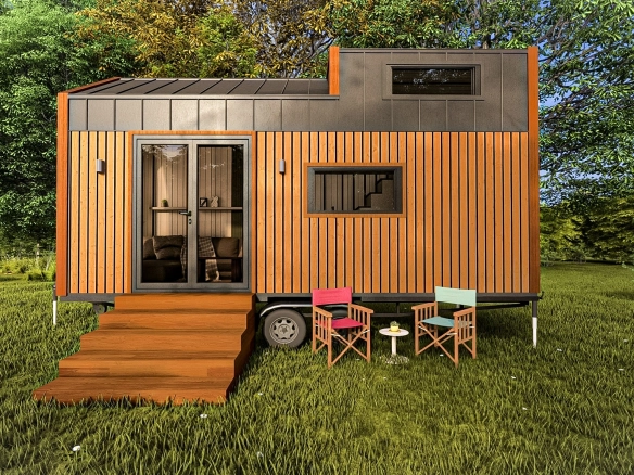 Hygge 6 metre loftlu 1+1 ruhsatlı römorklu tiny house, geniş doğa manzarasında ön-yan cepheden görünüm.