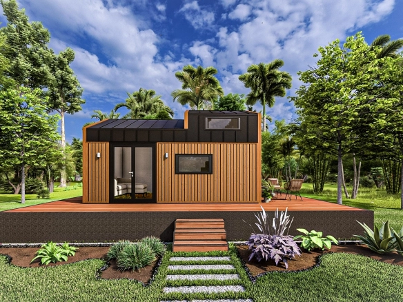 Hygge 6 metre 1+1 tekerleksiz modüler tiny house – siyah galvaniz çelik ve ahşap kaplama, geniş teraslı modern taşınabilir ev.