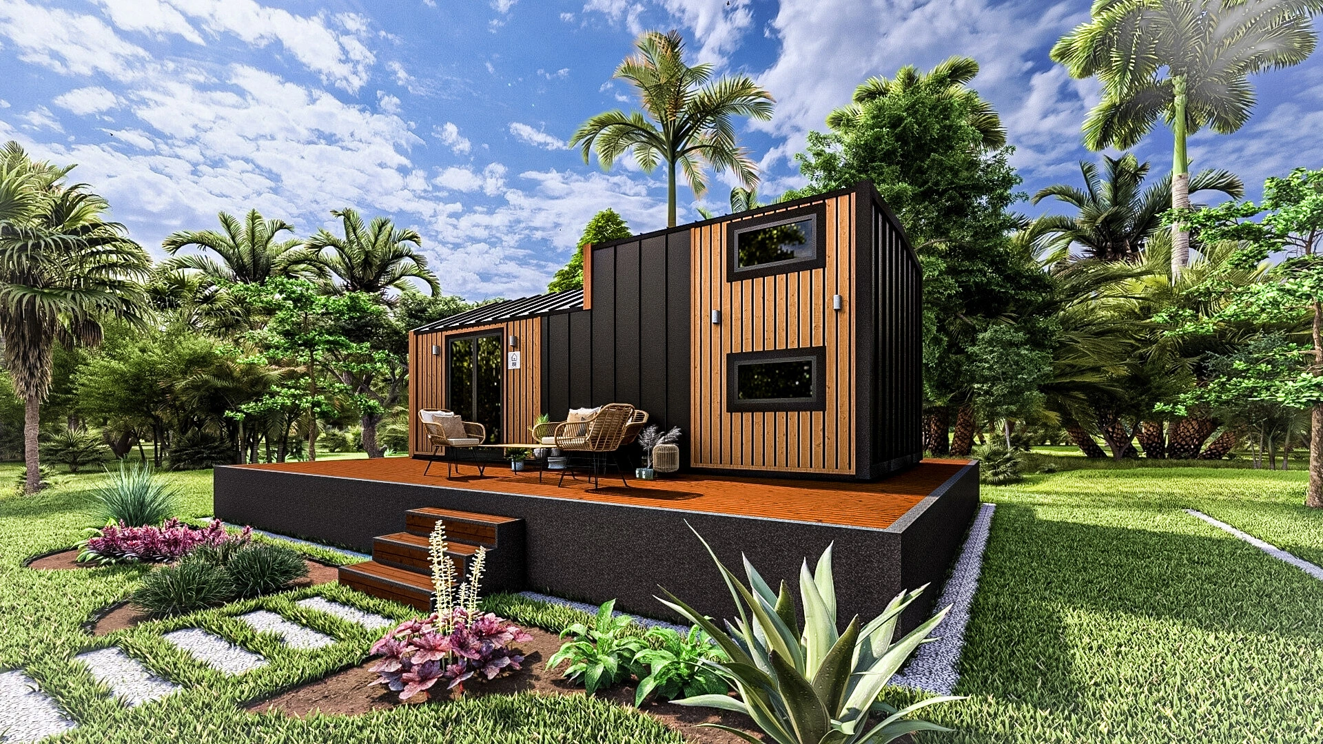 Modern siyah ve doğal ahşap kaplama Hygge 8M – her mevsim kullanılabilen taşınabilir modüler ev