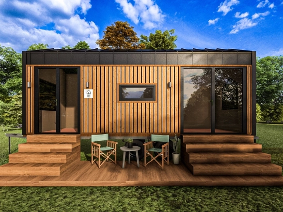 Doğal kompozit ahşap kaplama ve geniş veranda oturma alanı ile Lagom 7 m ruhsatlı mobil tiny house.