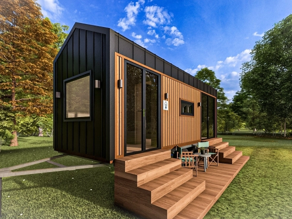 Lagom 7 m 1+1 tek katlı ruhsatlı mobil tiny house, kompozit ahşap ve galvaniz kenet sac kaplama, Marmara ve Ege bölgesi için ideal.