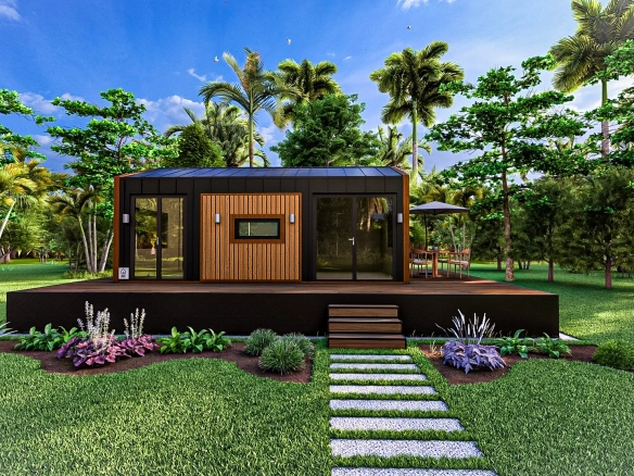 Lagom 7 metre tekerleksiz modüler tiny house – galvaniz hafif çelik karkas, kompozit ahşap ve galvaniz kenet sac kaplamalı, geniş teraslı modern ev.