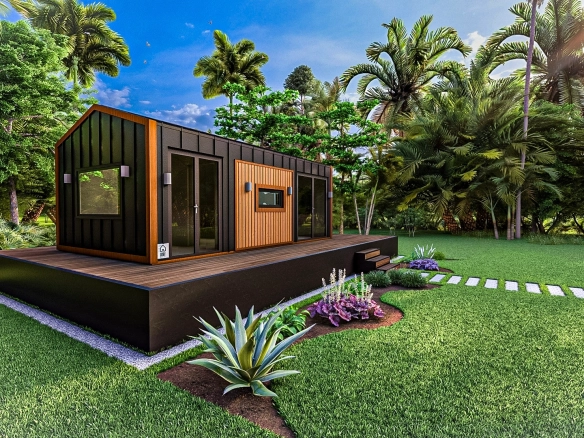 Lagom 7 metre tekerleksiz tiny house – doğa manzaralı, enerji verimli pencereli, modern cepheli mobil ev.