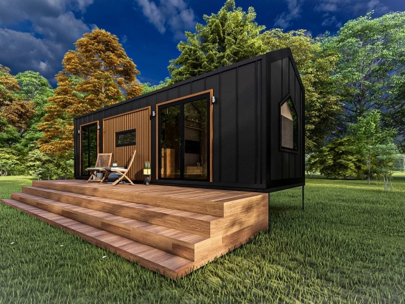 Kompozit ahşap ve galvaniz kenet sac kaplamalı Lagom 8M tek katlı 1+1 tiny house, geniş verandasıyla.