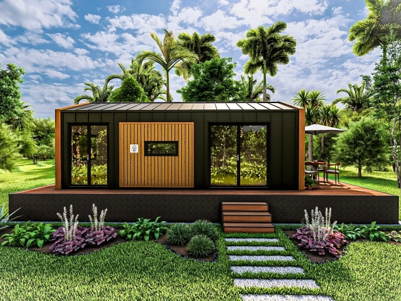 Lagom 8 metre tekerleksiz 1+1 tiny house – geniş ahşap veranda, kompozit ahşap ve galvaniz kenet sac kaplama, modern modüler ev.