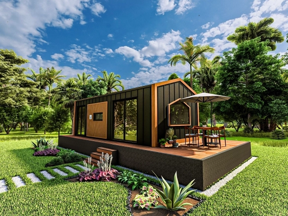 Lagom 8 metre tekerleksiz tiny house – doğa içinde geniş teraslı, modern siyah ve ahşap cepheli modüler ev.
