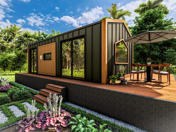Lagom 8 metre tekerleksiz 1+1 tiny house – kompozit ahşap kaplama, geniş ahşap teraslı ve enerji tasarruflu modüler ev.