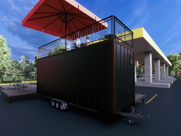 Mobil tiny kafe, üst katında teraslı oturma alanı ve taşınabilir römork sistemi ile dış mekan görünümü.