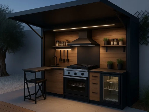 Akşamüstü ışıklarında LED aydınlatmalı modern dış mekan mutfağı.