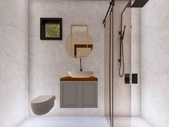 Natura L banyo, mermer dokulu duvar ve modern lavabo tasarımı
