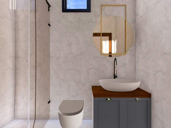 Natura L tiny house banyo, mermer dokulu duvarlar ve modern lavabo