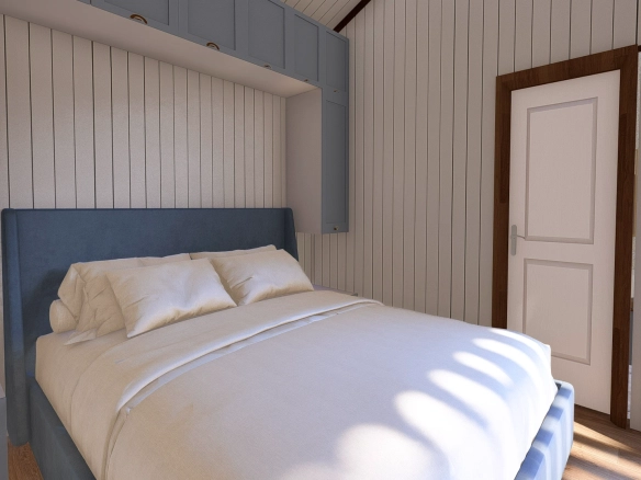 Natura L tiny house yatak odası, minimalist dekor ve doğal aydınlatma