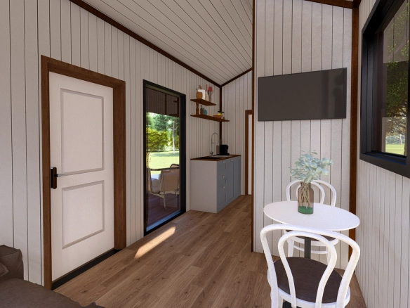 Natura L mini yemek köşesi, beyaz masa ve doğa manzaralı pencere