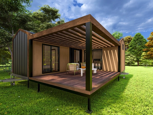 Natura L tiny house ön cephe, ahşap ve siyah panel detaylı modern L form tasarım