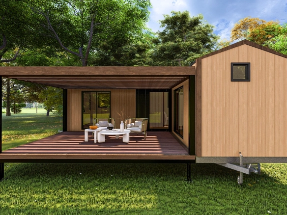 Natura L tiny house ön görünüm, veranda ve sürgülü cam kapılar