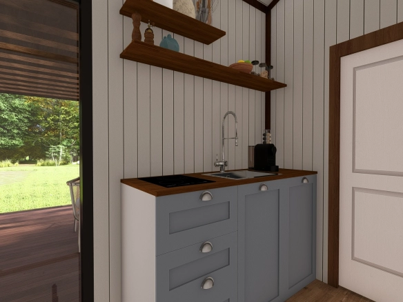 Natura L tiny house mutfak, kompakt tasarım ve ahşap tezgah detayları