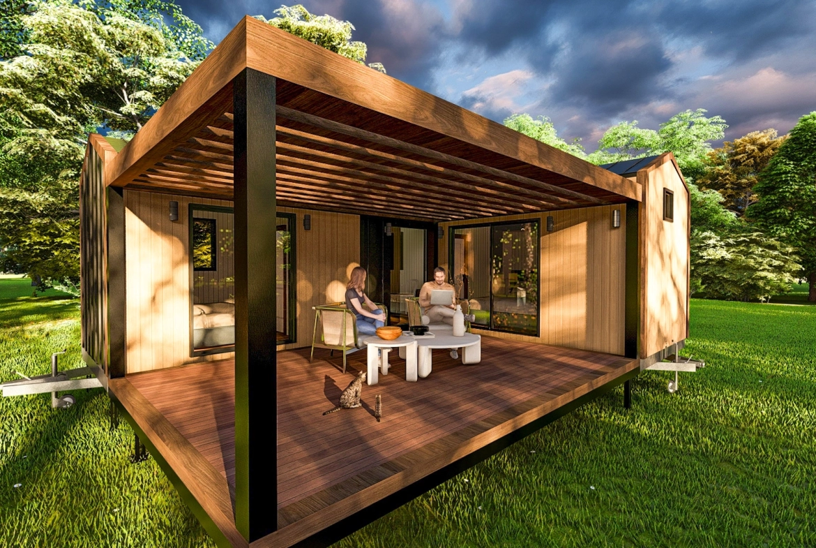 Natura L tiny house yan cephe, siyah kenet sac ve ahşap yüzey detayı