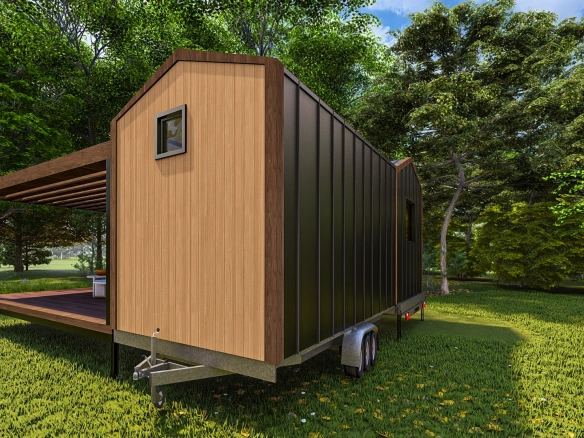 Natura L tiny house arka-yan görünüm, siyah panel ve ahşap çerçeve detayı