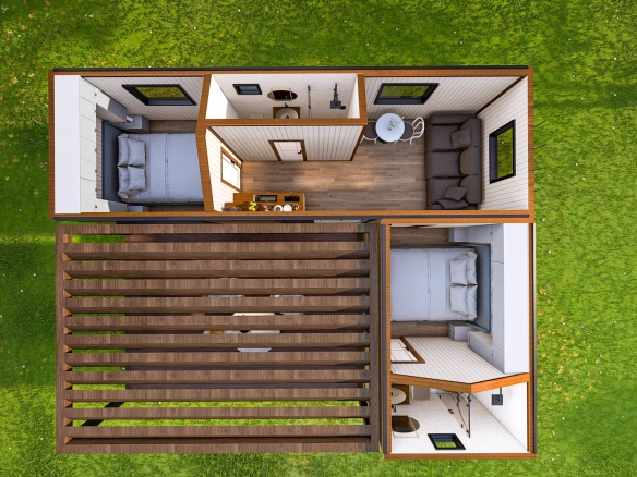 Natura L tiny house üstten görünüm, plan yerleşimi ve veranda bağlantısı