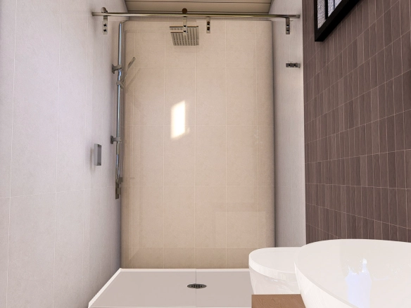 Natura Suites banyo, mermer dokulu duvarlar ve modern lavabo