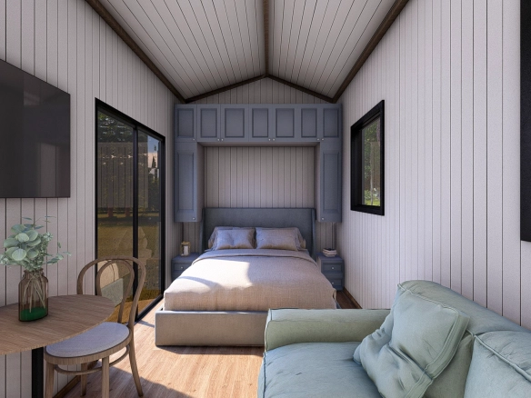 Natura Suites yatak odası, gömme dolap ve modern aydınlatma