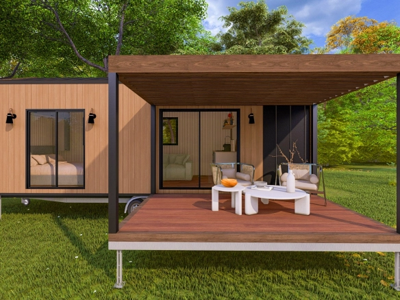 Natura Suites tiny house veranda, akşam ışıklarıyla modern cephe