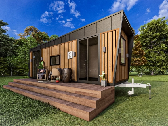 Trakya Tekirdağ ve Kırklareli bölgelerine uygun Pitch Black 7M römorklu tiny house’un modern ön cephesi.