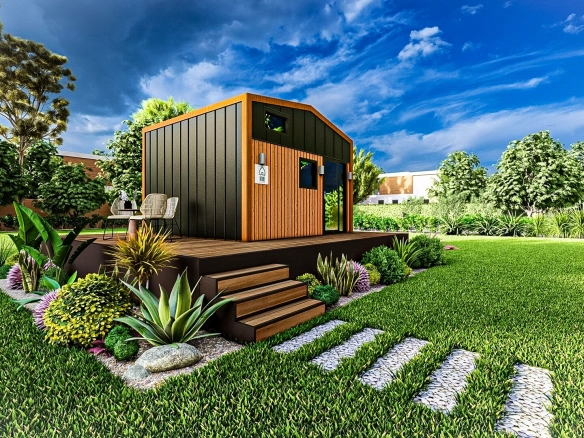 Qouppe 4 metre tekerleksiz vinçle taşınabilir 1+1 tiny house – modüler modern evin yan cephe görünümü.