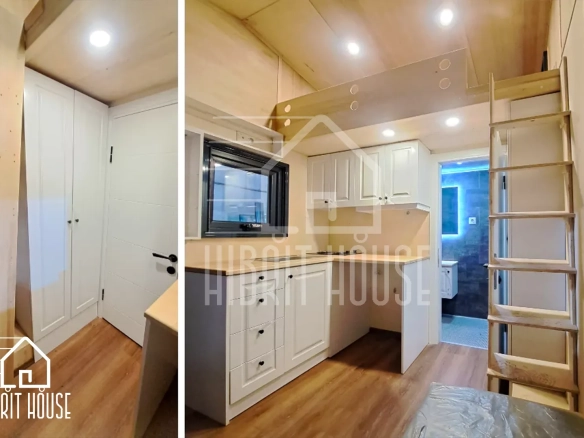 Qouppe 4 metre tiny house mutfak ve banyo bölümü, ahşap detaylı kompakt tasarım