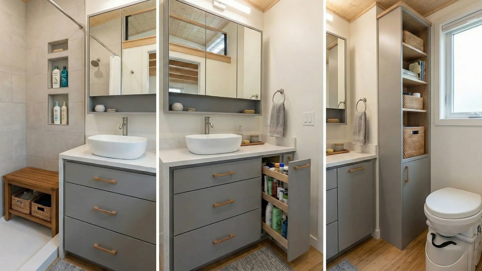 Tiny house banyo dekorasyonu ve aynalı gömme dolap sistemleri