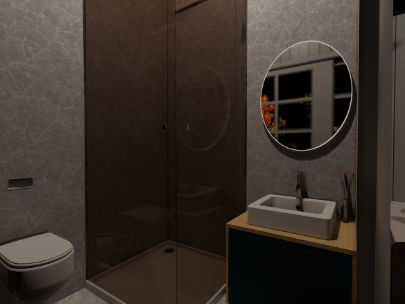 Tiny house modern banyo, duş kabini, lavabo ve ayna