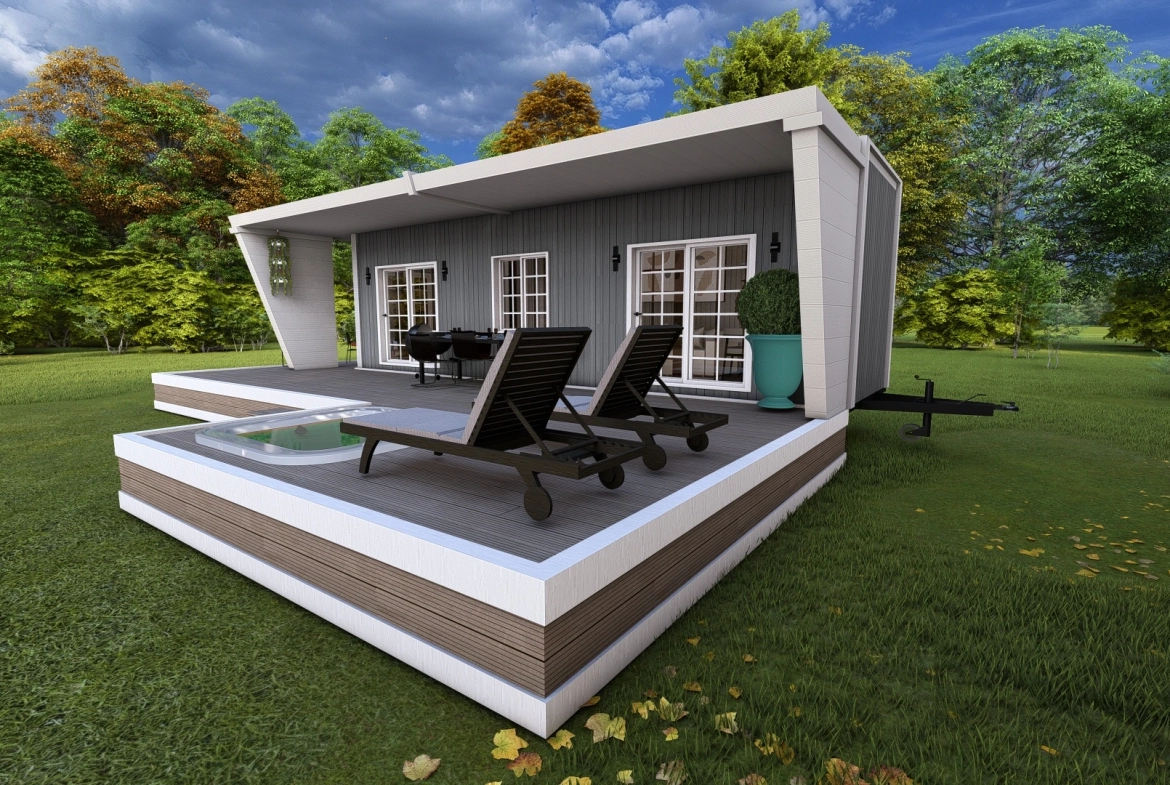 Tiny house yan cephesi, şezlonglar ve mini havuzlu geniş teras