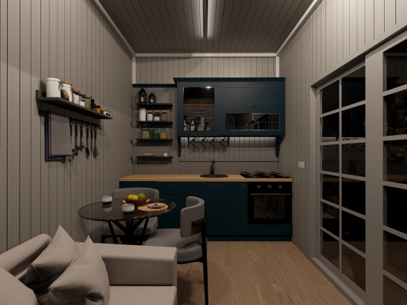 Tiny house modern mutfak tasarımı, LG OLED TV ve şık oturma alanı