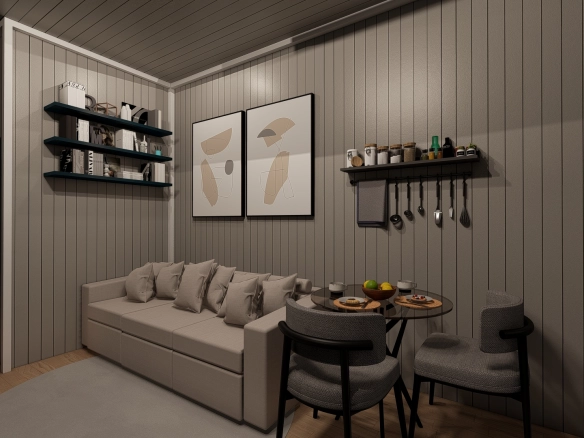 Tiny house salonu, konforlu kanepe, modern tablolar ve yuvarlak yemek masası