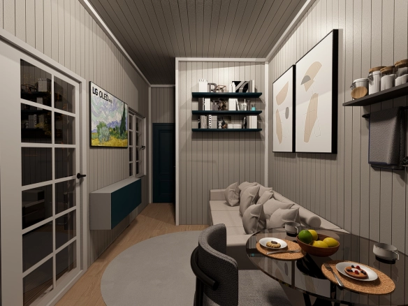 Tiny house oturma grubu, yuvarlak cam yemek masası ve dekoratif raflar