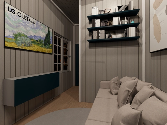 Tiny house salonunda duvara monte TV ve kitap rafları
