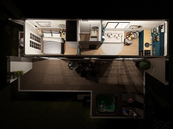 Tiny house iç mekan planı, yatak odası, banyo, salon ve mutfak üstten görünüm