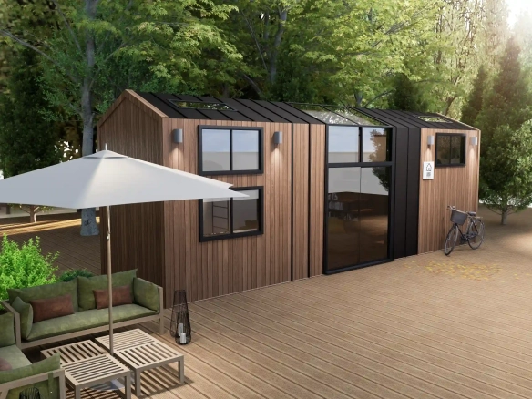 Serenity 10M çift loftlu 2+1 Tiny House – ahşap ve siyah modern dış cephe