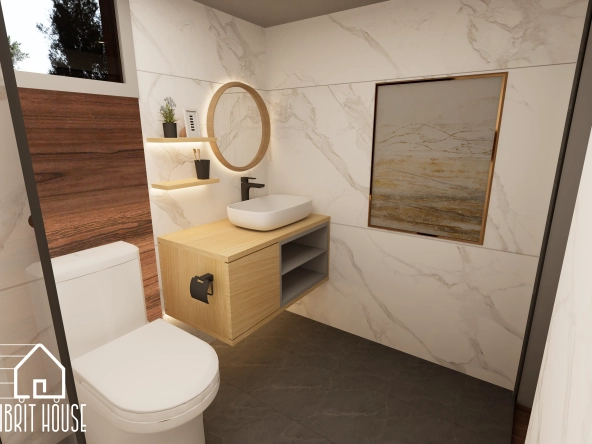 Tiny House'un banyosunun farklı bir açıdan görüntüsü bulunuyor.Fonksiyonel ve kullanışlı bir banyo tasarımı görünüyor.
