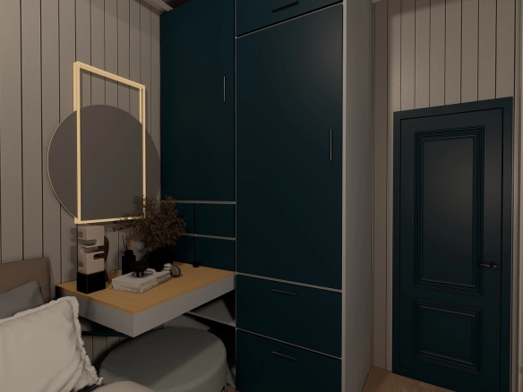 Tiny house yatak odasında modern gardırop ve makyaj masası